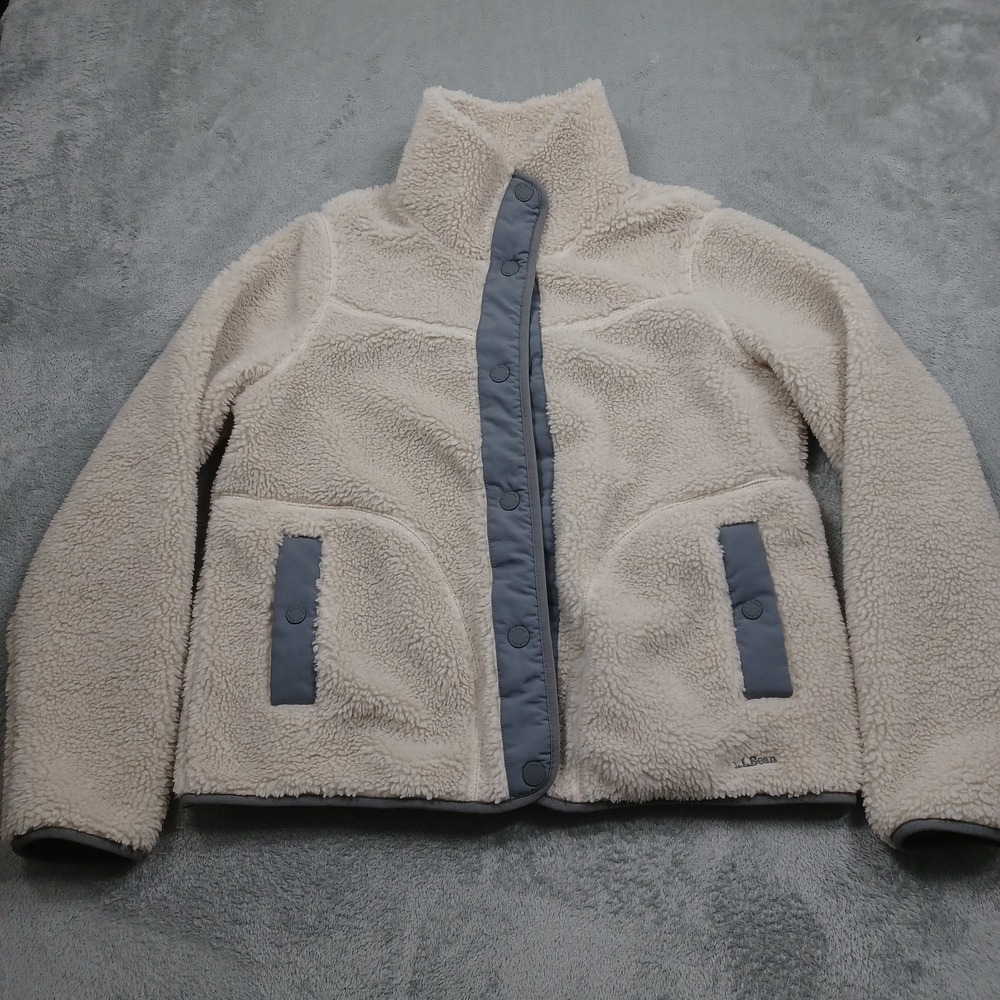 LL Bean Jacket Womens Medium Brown Fleece Snap Up Pockets Outdoor
